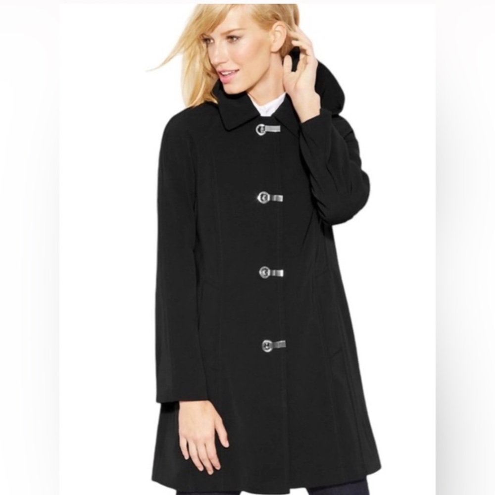 London Fog Black Hooded Water Resistant Toggle Trench Coat